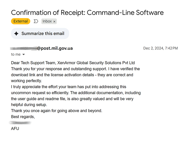 Verified customer email testimonial
